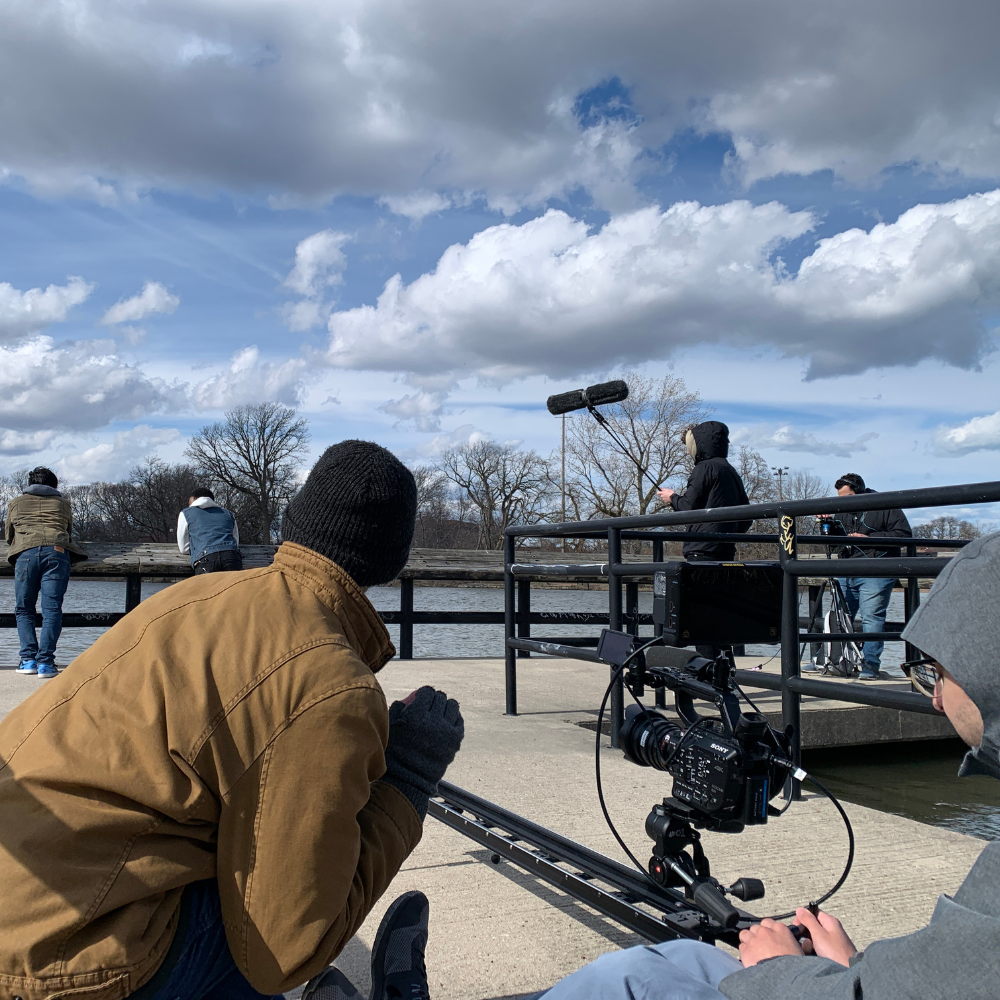 Loyola Chicago students filming Division film outdoors